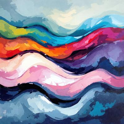 The primary subject of the image is a painting of a wave. The setting is a blue sky, and the visual style is a digital art or illustration. The dominant colors are blue and purple, creating a calm and serene atmosphere.